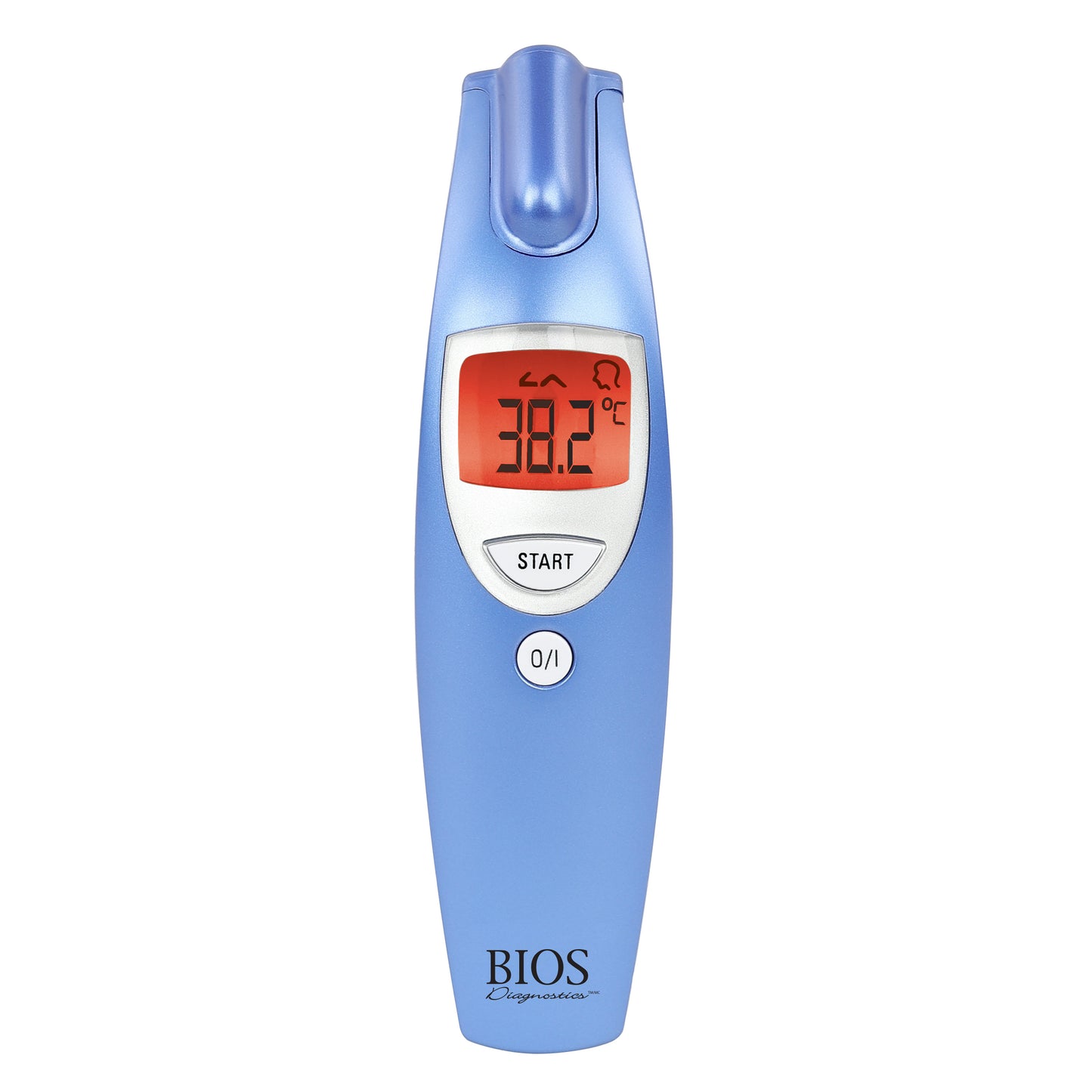 front view of the non contact forehead thermometer showing red screen as sign of fever
