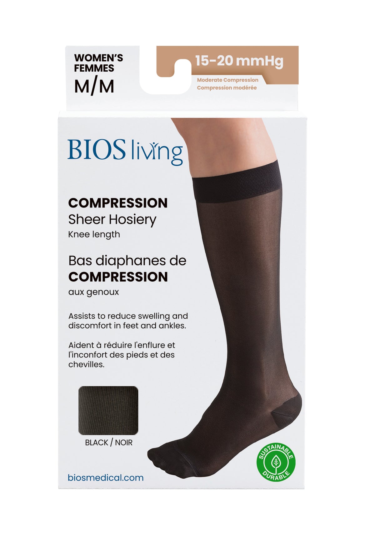 Women's Compression Knee Socks 15-20 mm Hg, Black Packaging Photo